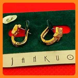 JANKUO Vintage 1990s Gold Tone CZ Star U-Shape Hoop Earrings Rare New on Card